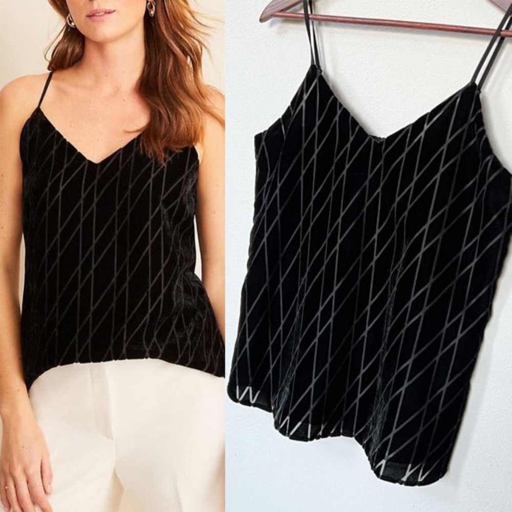 Ann Taylor Black Diamond Argyle Pattern Velvet Drapey Cami Top Small S $80 Lined - Picture 1 of 14
